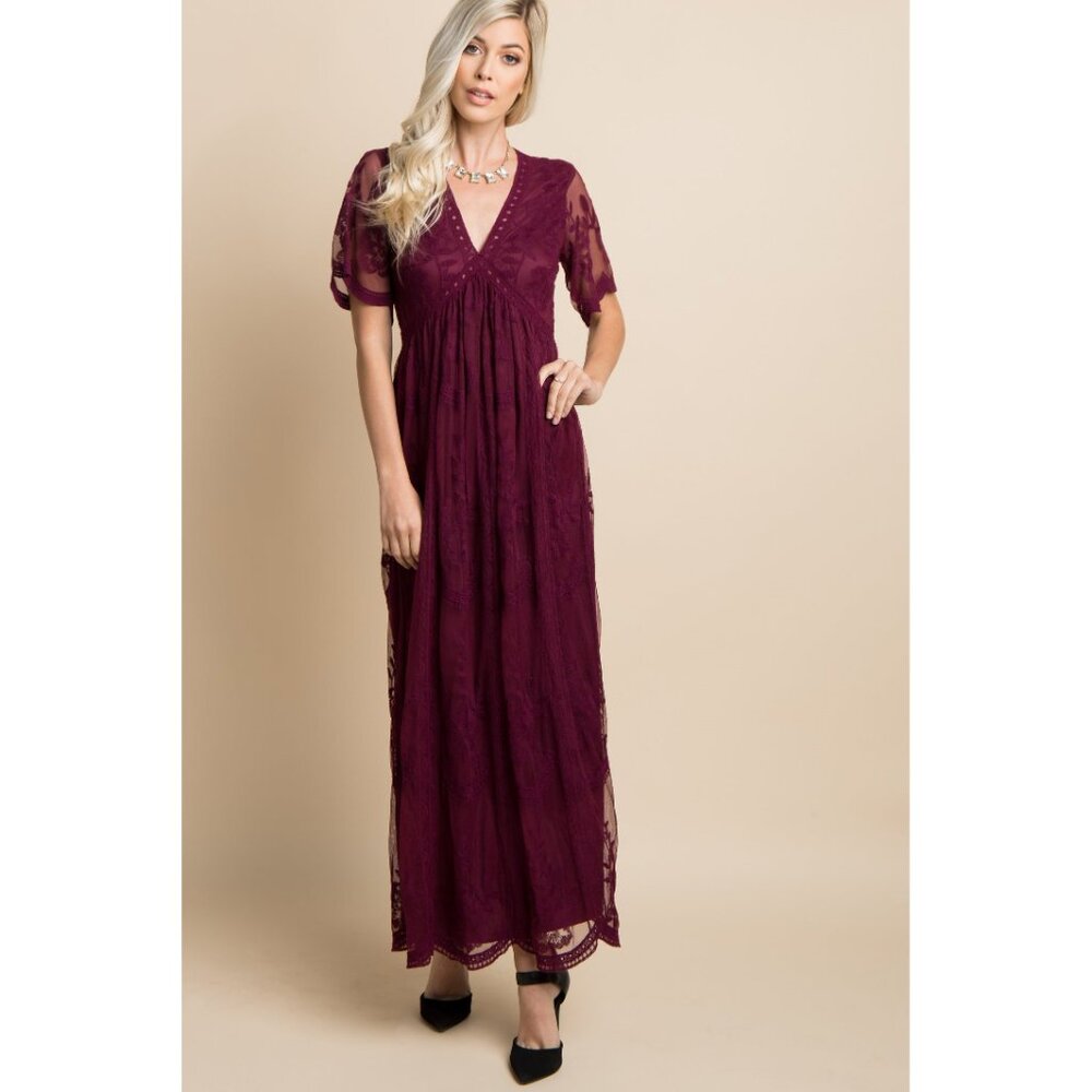 PinkBlush Burgundy Maternity Lace Mesh Overlay Maxi Dress  SZ M /Gorgeous Back!